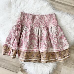 Erica Wilson Nantucket Pink Brown Boho Floral Tiered Mini Skirt Tasseled Medium